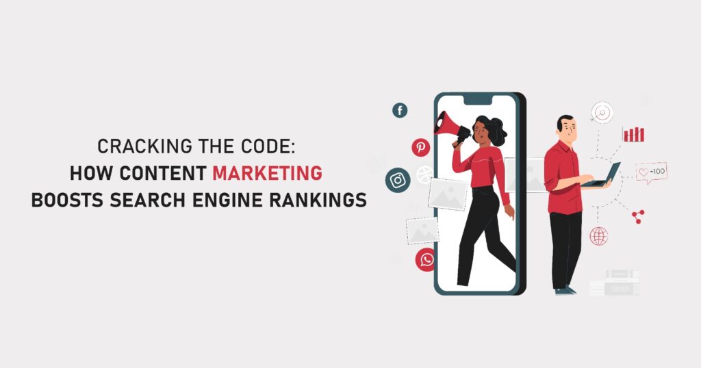 the image with the title cracking the code how content marketing boosts search engine rankings with one man standing with laptop and woman  with speaker and mobile background.