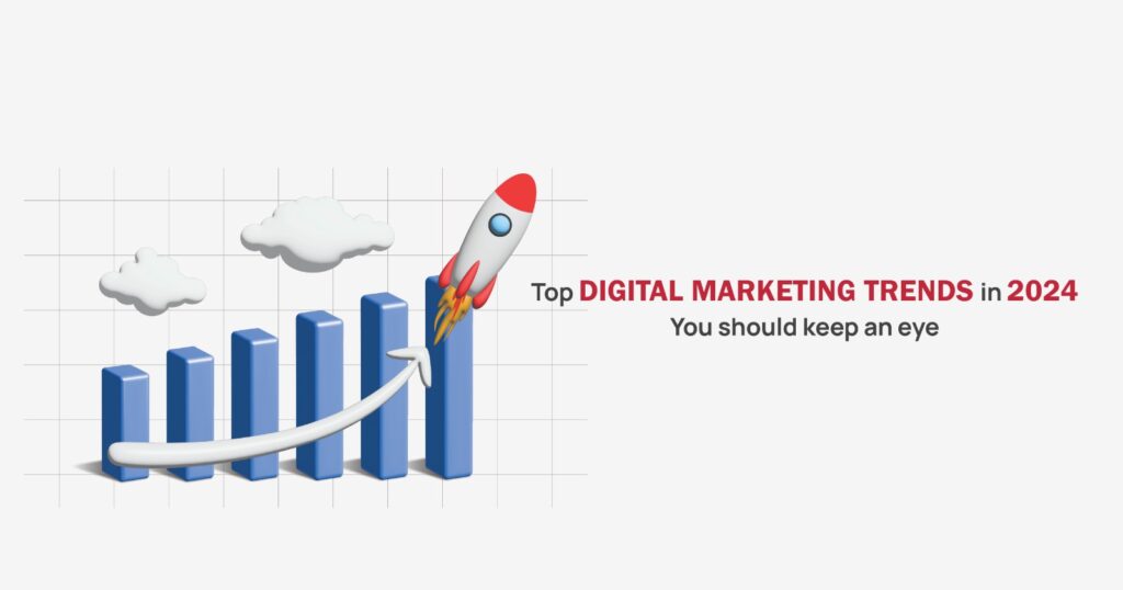 Infographic of graph with rocket having text as top digital marketing trends in 2024 you should keep an eye