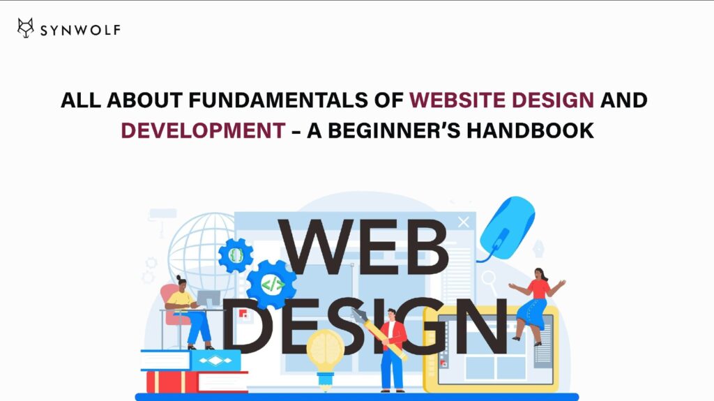 Illustration with couple of people and a word web design with the title all about fundamentals of website design and development a beginners handbook