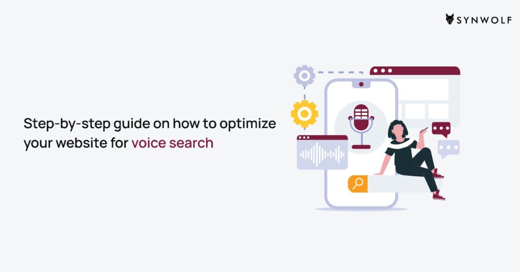 Illustration of voice assistant search with smartphone and digital assistant icons, representing website voice search optimization