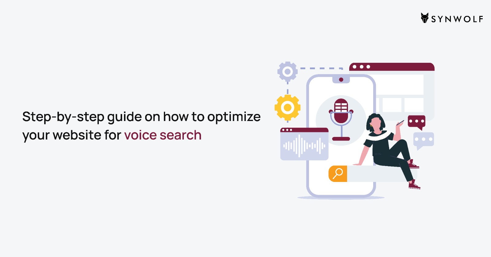 Illustration of voice assistant search with smartphone and digital assistant icons, representing website voice search optimization